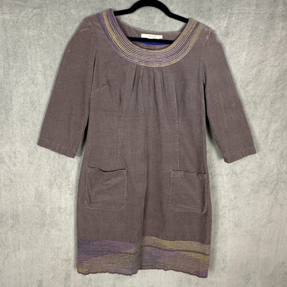 Boden Dress Womens 8R Gray Corduroy Embroidered 3/4 Length Sleeve Pockets Preppy